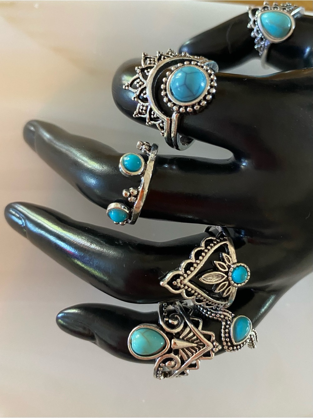 Turquoise Silver-Tone Boho Ring Set - Women's Fashion Jewelry